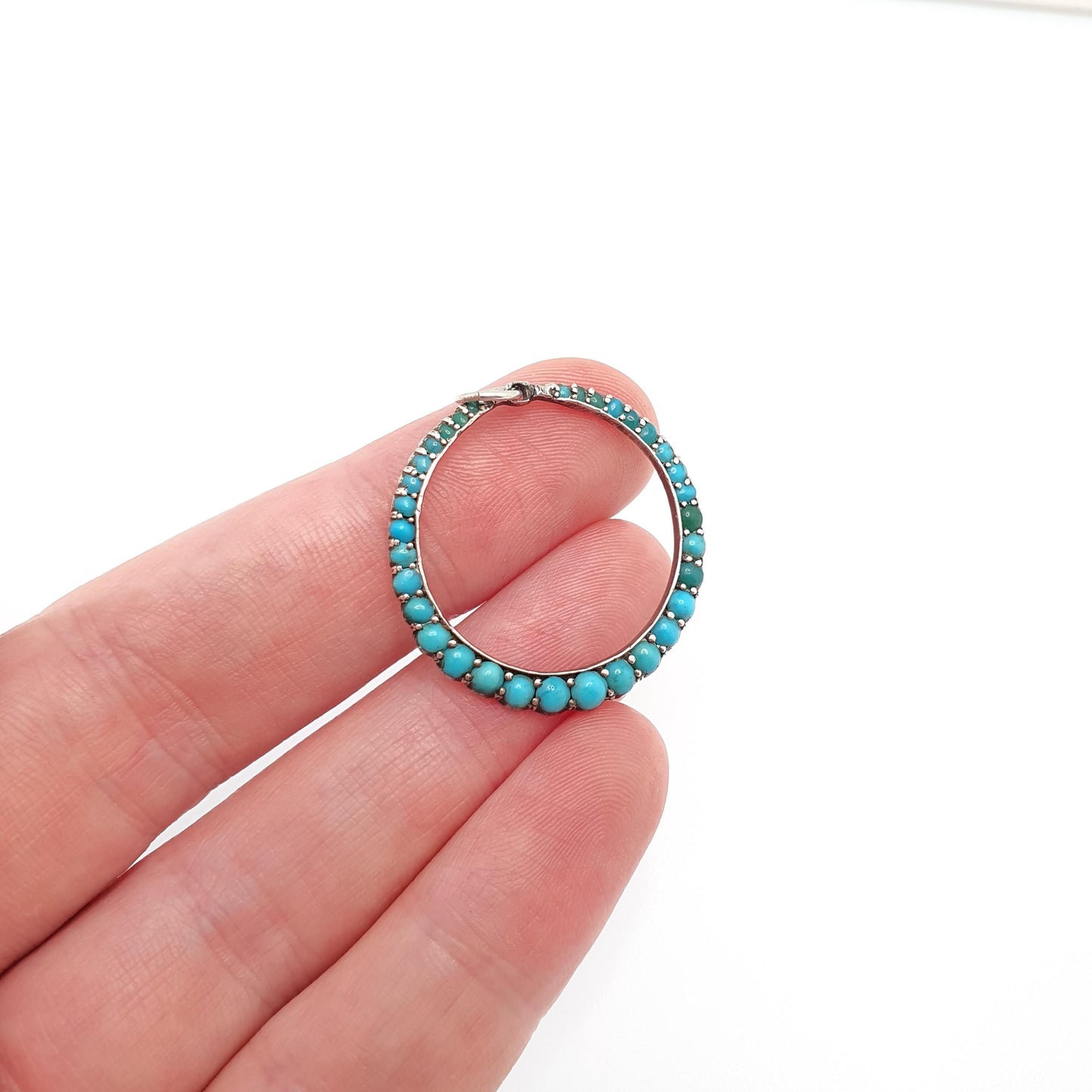 Antique Solid Silver Turquoise Circle Pendant Necklace Victorian Natural Gemstones Round Infinity Womens Jewellery Jewelry