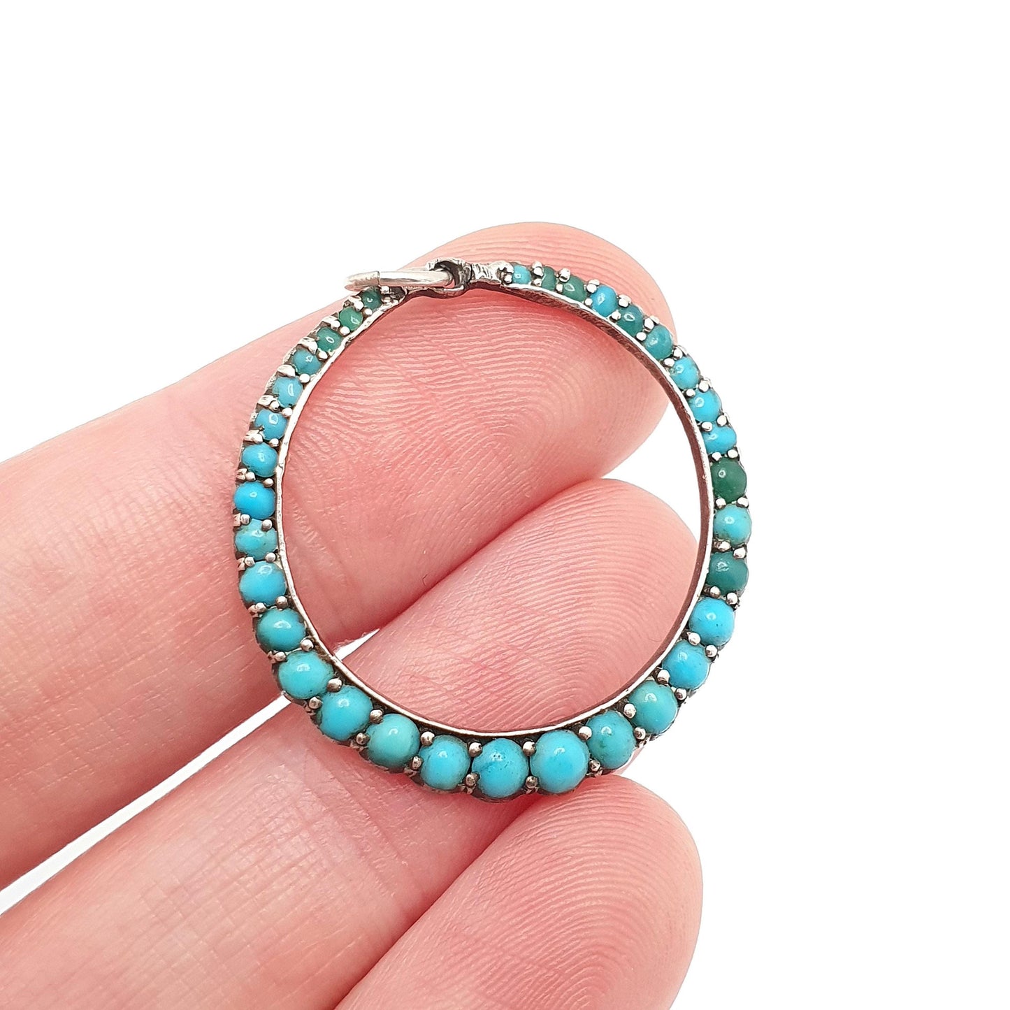 Antique Solid Silver Turquoise Circle Pendant Necklace Victorian Natural Gemstones Round Infinity Womens Jewellery Jewelry