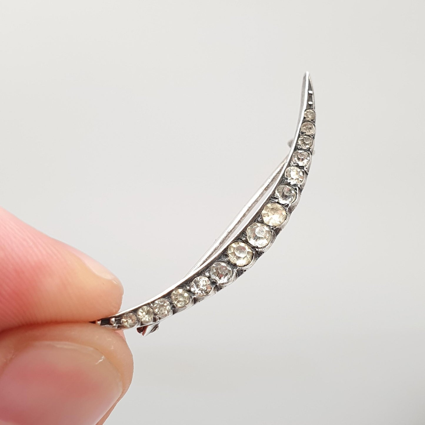 Antique Solid Silver Crescent Moon Diamond Paste Brooch Victorian Sparkly Vintage Celestial Womens Jewelry Jewellery 1800s