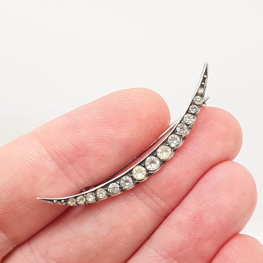 Antique Solid Silver Crescent Moon Diamond Paste Brooch Victorian Sparkly Vintage Celestial Womens Jewelry Jewellery 1800s