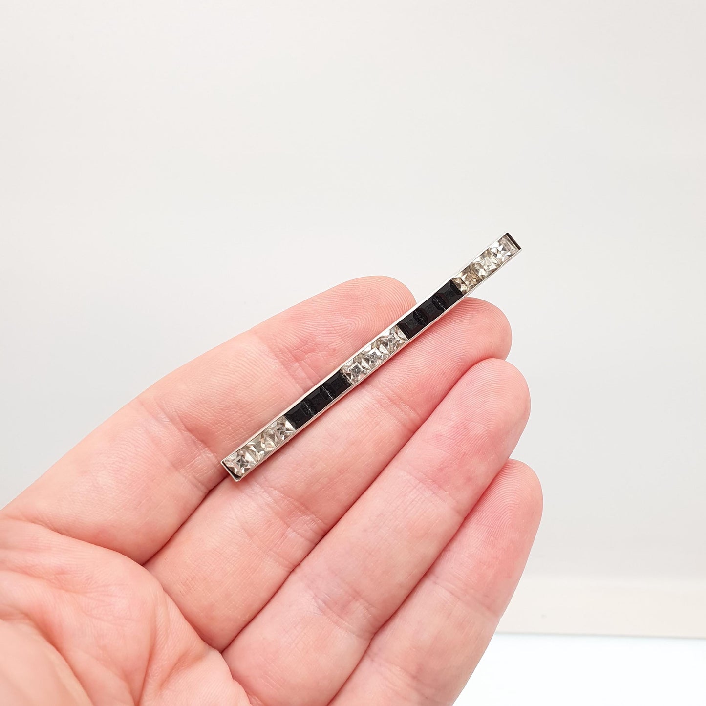 Antique Sterling Silver Onyx & Diamond Paste Brooch Art Deco Pave Channel Set Sqaure Cut Geometric 1920s Vintage Womens Jewellery Jewelry