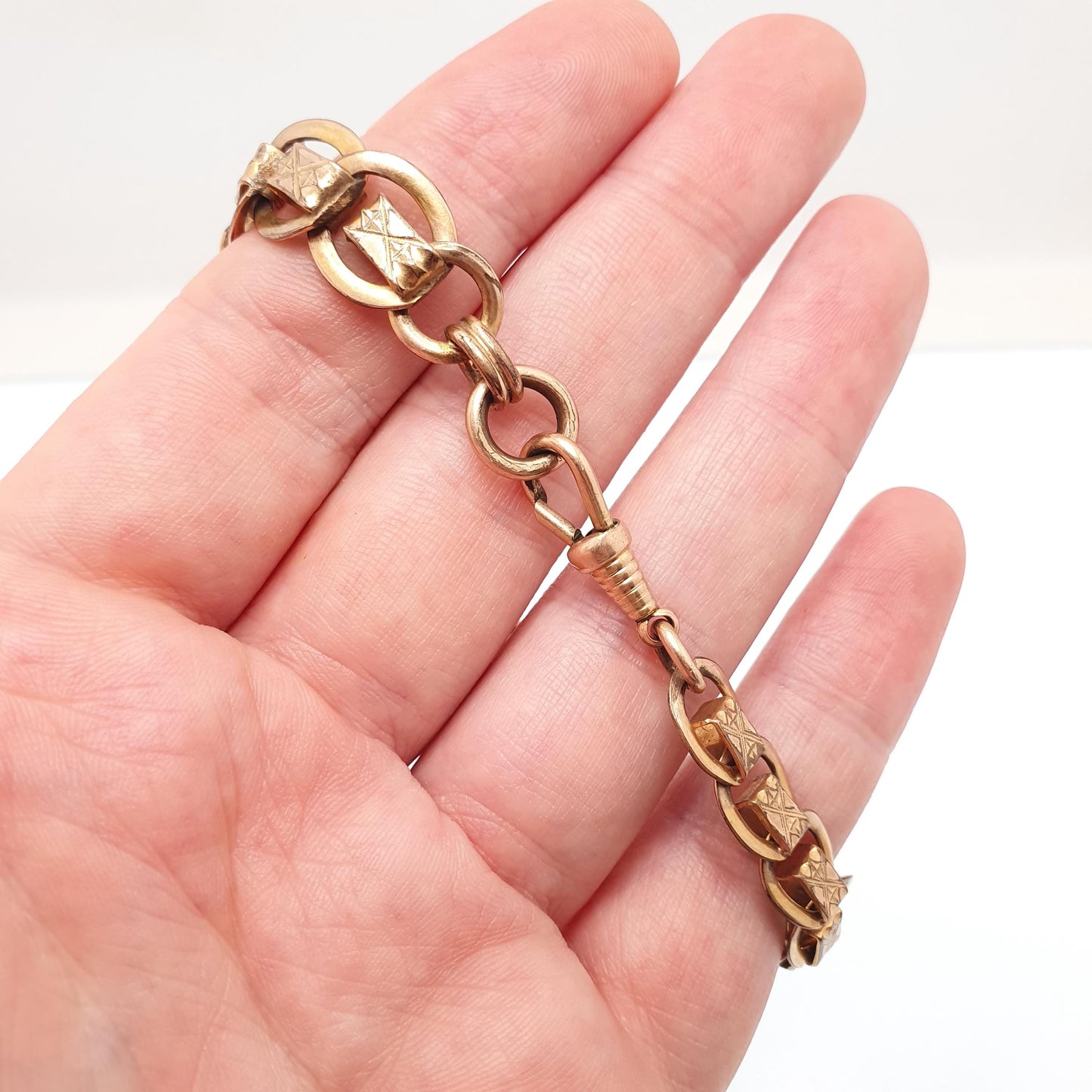 Antique Rolled Rose Gold Albert Chain Bracelet French Victorian Gold Filled Dog Clip Curb Link 22cm 16.78g Jewelry Jewellery Womens
