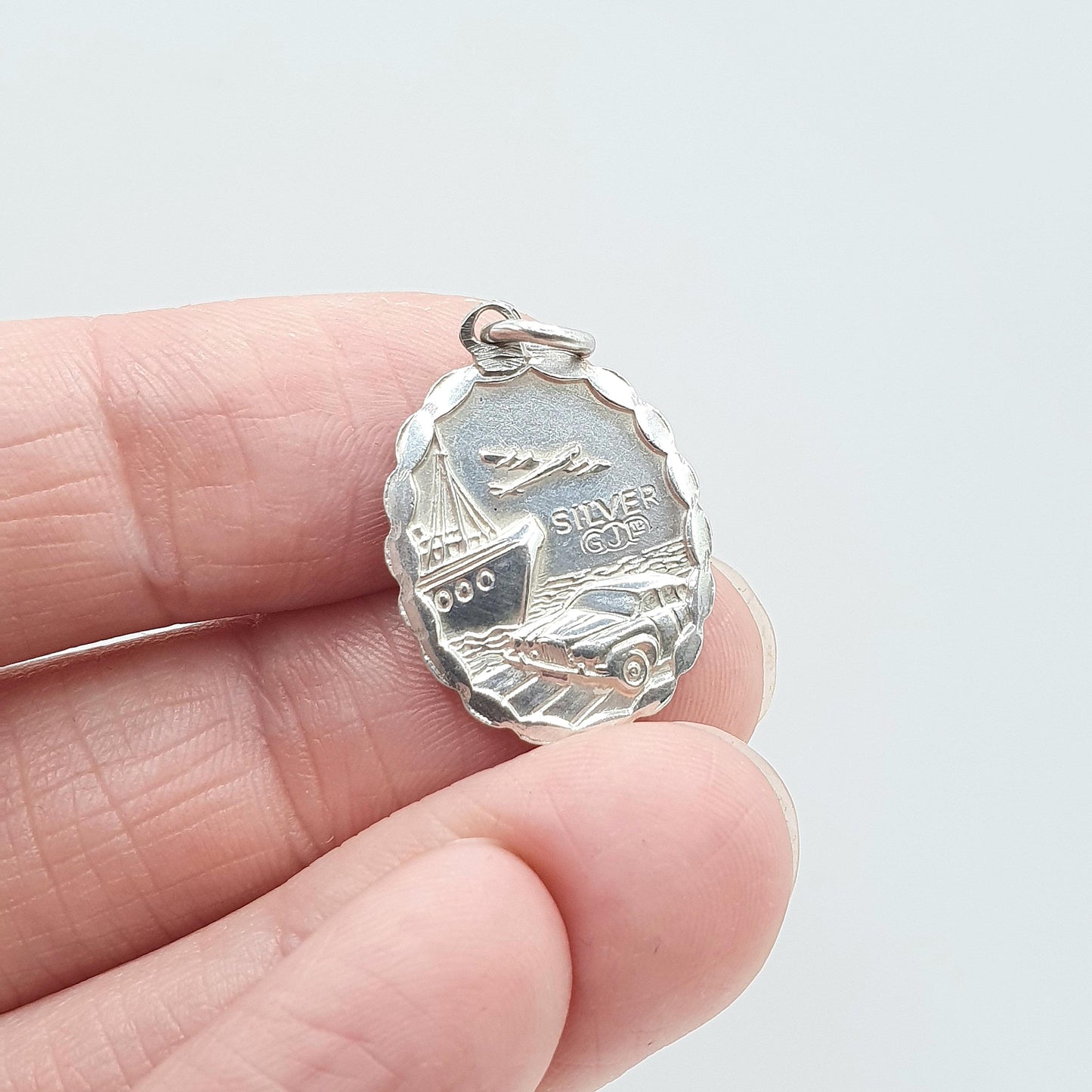 Vintage Sterling Silver GEORG JENSEN St Christopher Charm Pendant Car Plane Ship Oval Double Sided Jewellery Jewelry Men Women