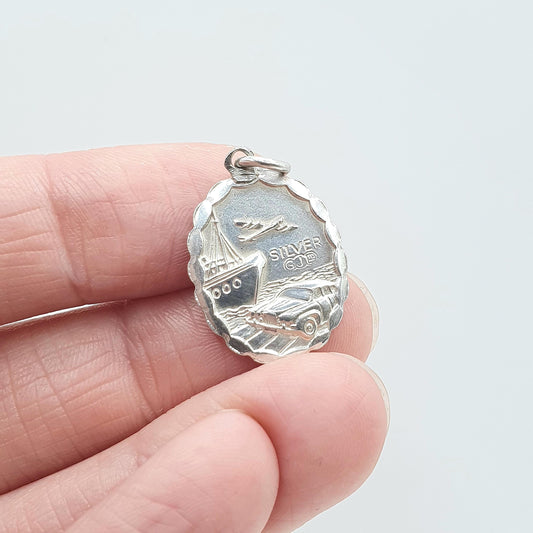 Vintage Sterling Silver GEORG JENSEN St Christopher Charm Pendant Car Plane Ship Oval Double Sided Jewellery Jewelry Men Women