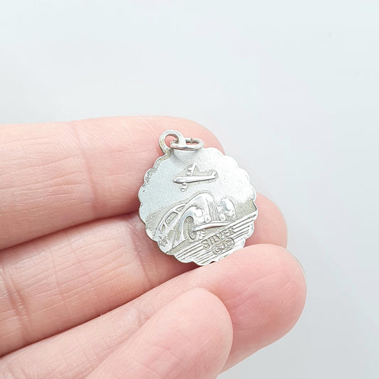 GEORG JENSEN Vintage Sterling Silver St Christopher Pendant Necklace Round Circle Small Plane Car Double Sided Jewellery Jewelry