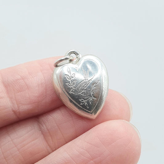 Antique Solid Silver Heart Bird Pendant Charm Small Gift Cute Love Gift Swallow Unisex Vintage Womens Necklace Jewellery Jewelry