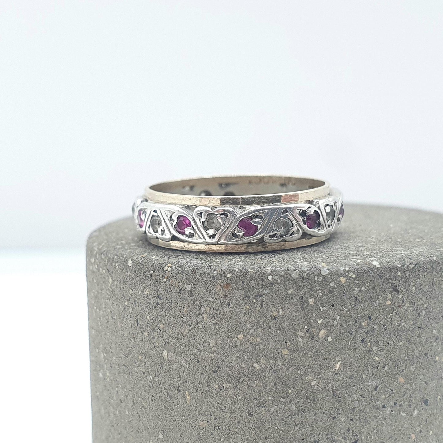 Antique Art Deco 9ct Gold & Solid Silver Ruby Eternity Ring White Spinel Gift Womens Jewellery Jewelry UK J.5 US 5