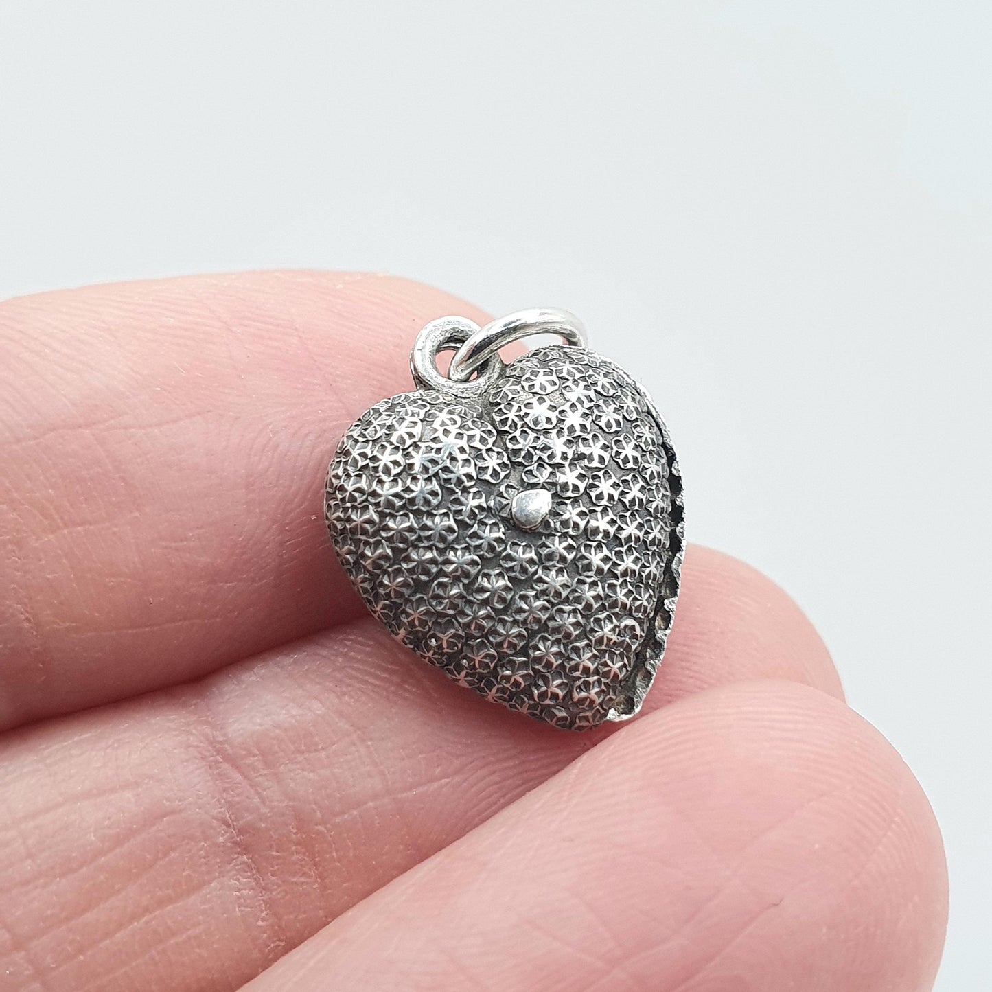 Antique Victorian Solid Silver Puffer Heart Charm Pendant Pastry Cutter Effect Charles Horner Style Womens Jewelry Vintage Jewellery