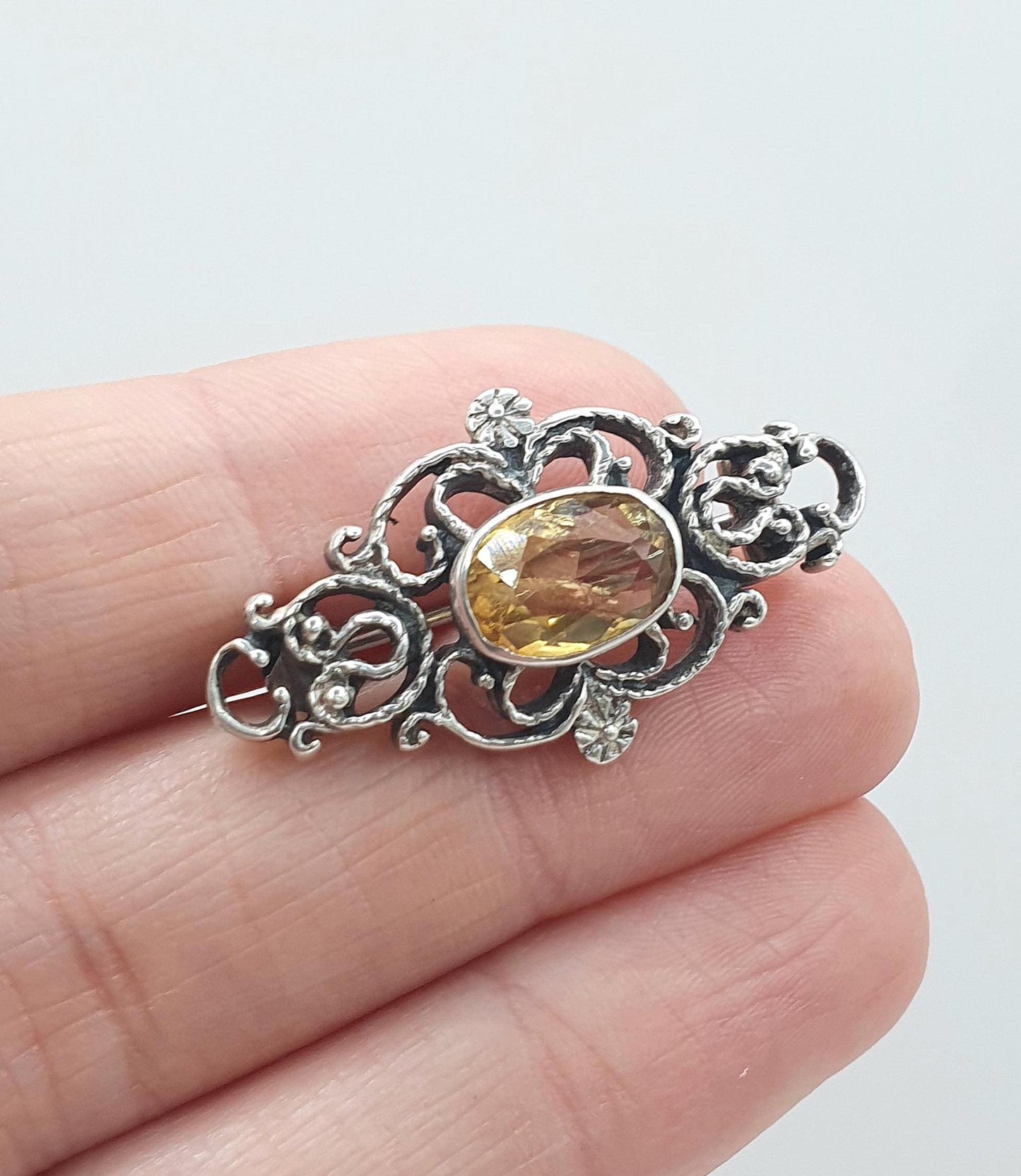 Antique Solid Silver Citrine Brooch Art Nouveau Style Oval Cut Orange Gemstone Flower Vintage Jewelry Jewellery