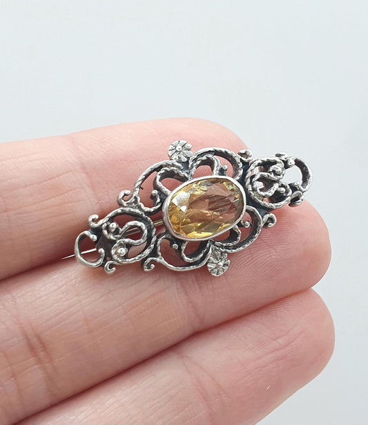 Antique Solid Silver Citrine Brooch Art Nouveau Style Oval Cut Orange Gemstone Flower Vintage Jewelry Jewellery