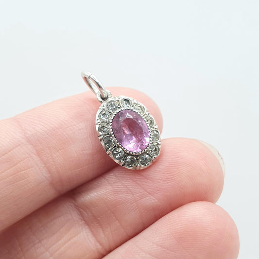 Antique Victorian Solid Silver Pink & Diamond Paste Pendant Halo Cluster Small Oval Vintage Necklace Jewellery Jewelry