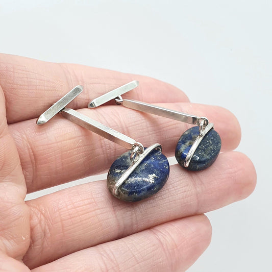 Vintage Solid Silver Lapis Lazuli Cuff Links Brutalist Style Bar Link Genuine Gemstone Blue Cufflinks Jewelry Mens Jewellery