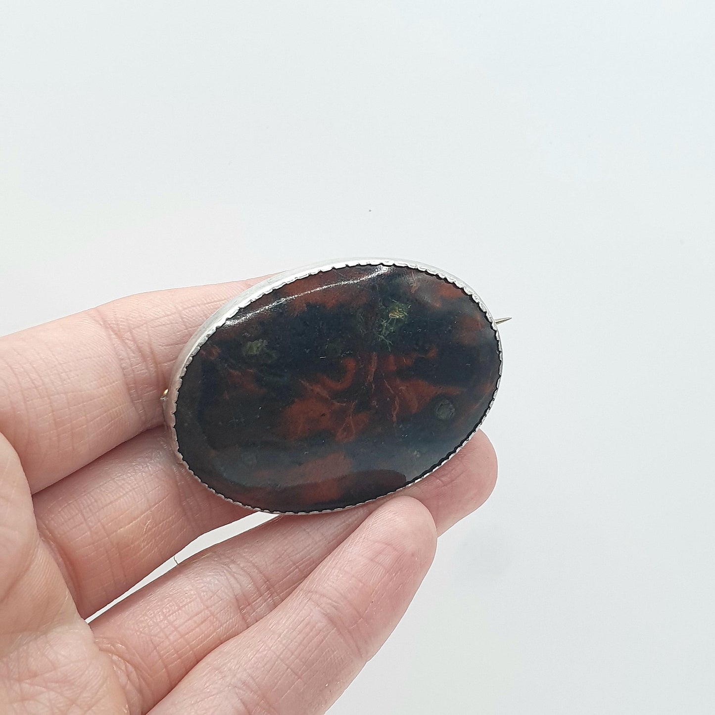 Antique Victorian Solid Silver Bloodstone Brooch Large Big Genuine Natural Quartz Gemstone Red Green Jewelry Jewellery Vintage