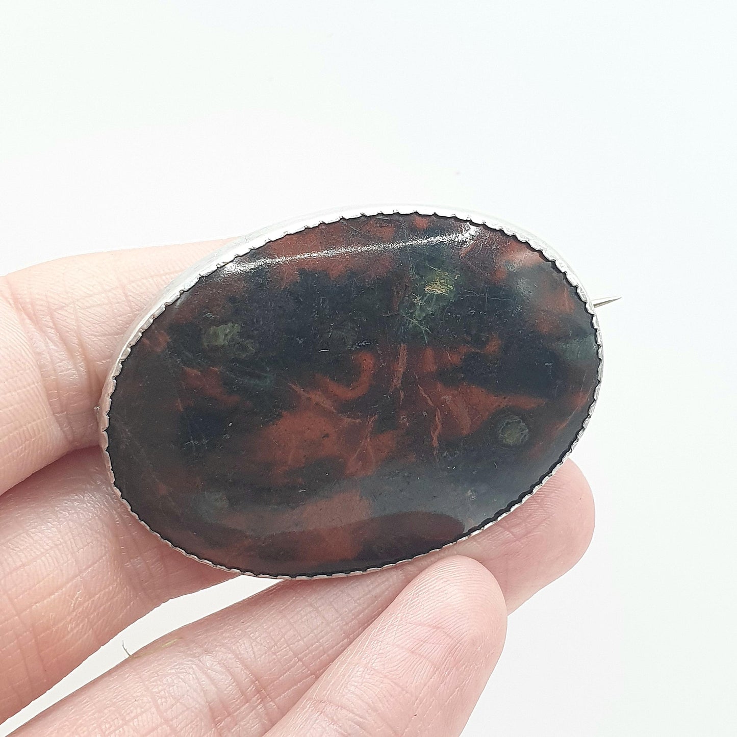 Antique Victorian Solid Silver Bloodstone Brooch Large Big Genuine Natural Quartz Gemstone Red Green Jewelry Jewellery Vintage