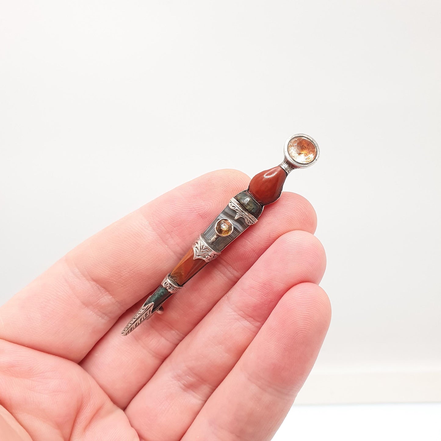 Antique Victorian Sterling Silver Scottish Dirk Brooch Pin Citrine Large Big Japser Agate Bloodstone Cairngorm Vintage Jewelry Jewellery