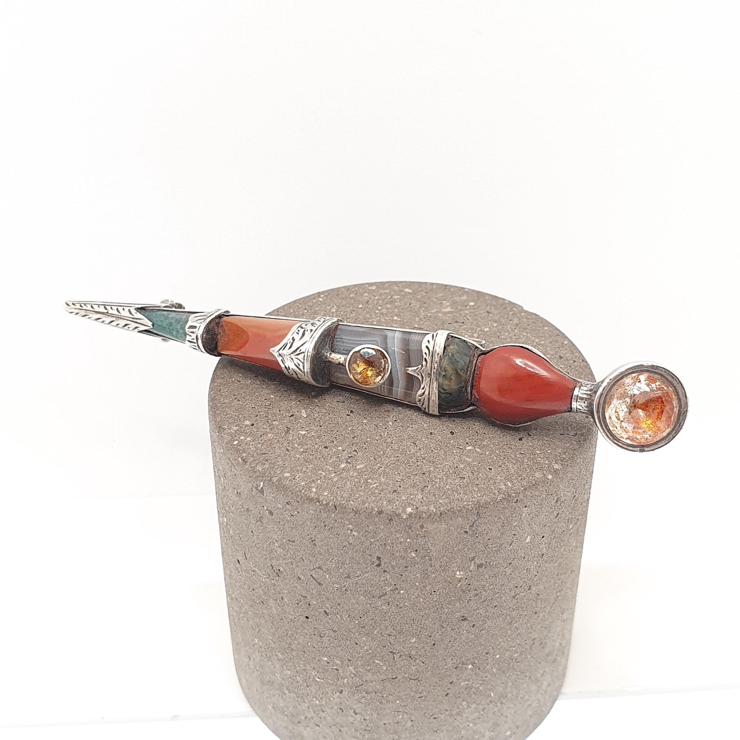 Antique Victorian Sterling Silver Scottish Dirk Brooch Pin Citrine Large Big Japser Agate Bloodstone Cairngorm Vintage Jewelry Jewellery