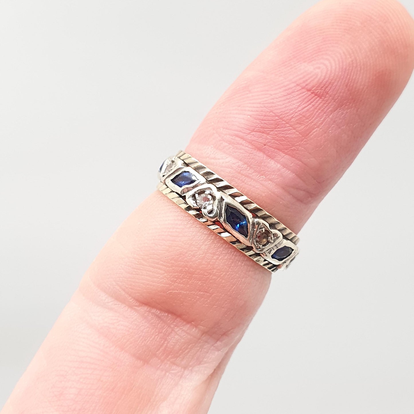 Vintage 9ct Gold Sapphire Eternity Ring White Spinel Marquise Cut Full Band Gemstone Solid 9k 375 Womens Jewelry Jewellery