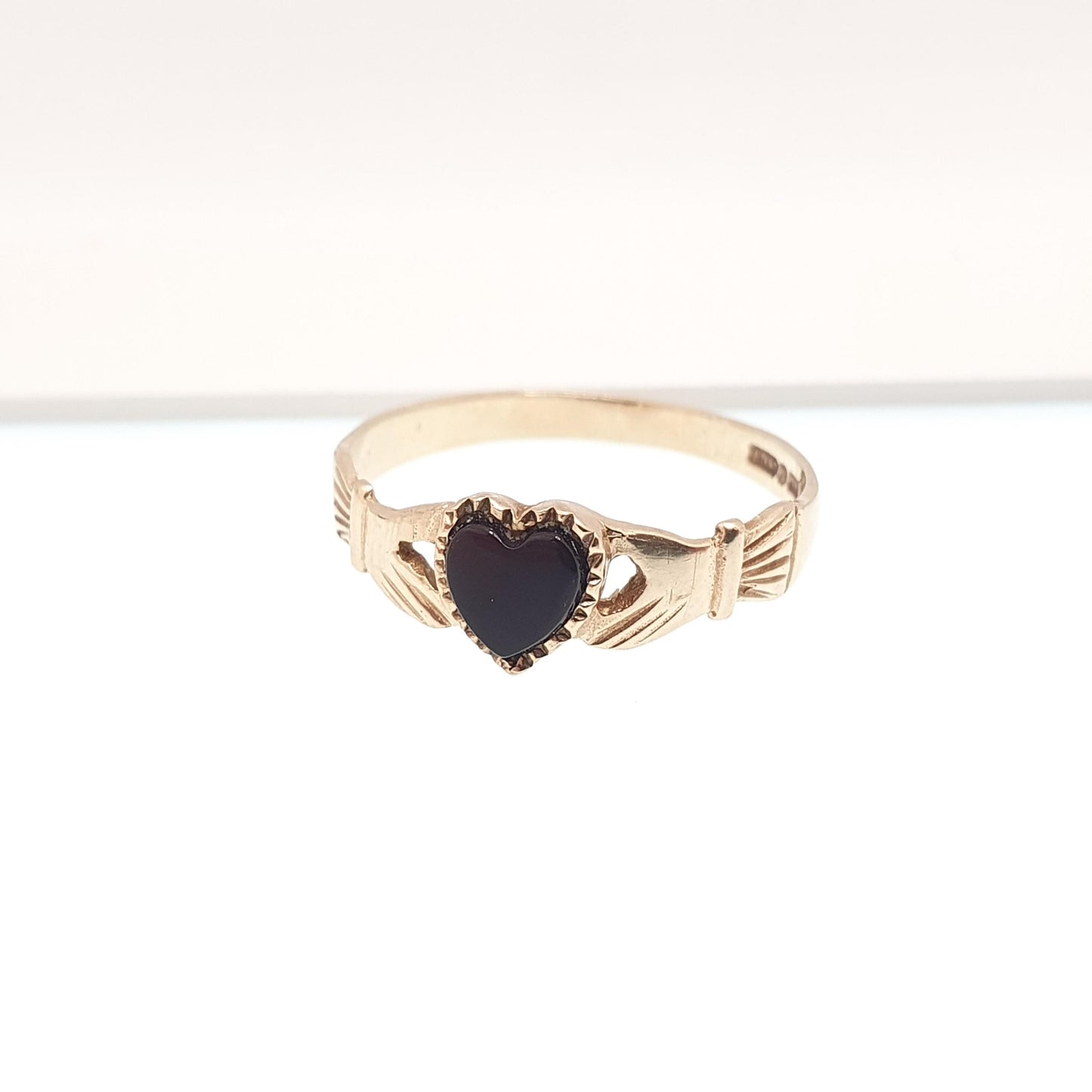 Vintage 9ct Gold Onyx Claddagh Ring Solid 9k Irish Gaelic Heart Yellow Friendship Loyalty Womens Jewelry Jewellery