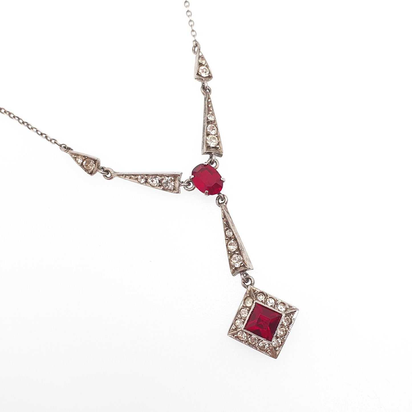 Antique Art Deco Solid Silver Ruby Paste Necklace Diamond Paste Y Pendant Sparkly Vintage Jewellery Jewelry