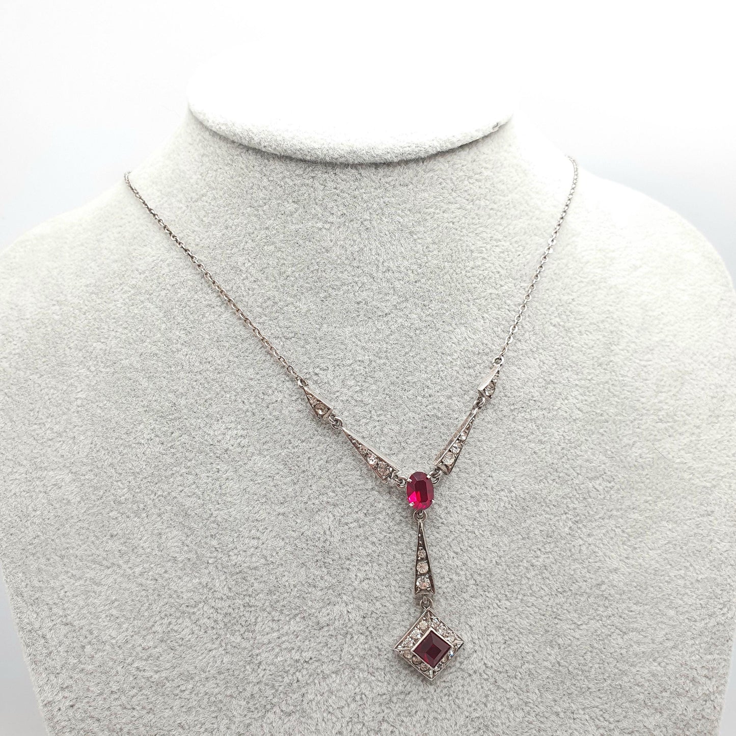 Antique Art Deco Solid Silver Ruby Paste Necklace Diamond Paste Y Pendant Sparkly Vintage Jewellery Jewelry
