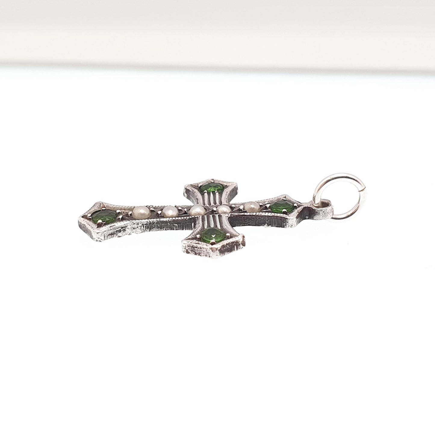 Antique Sterling Silver Peridot Paste Seed Pearl Crucifix Pendant Cross Necklace Olivine Green Pastes Vintage Jewellery Jewelry
