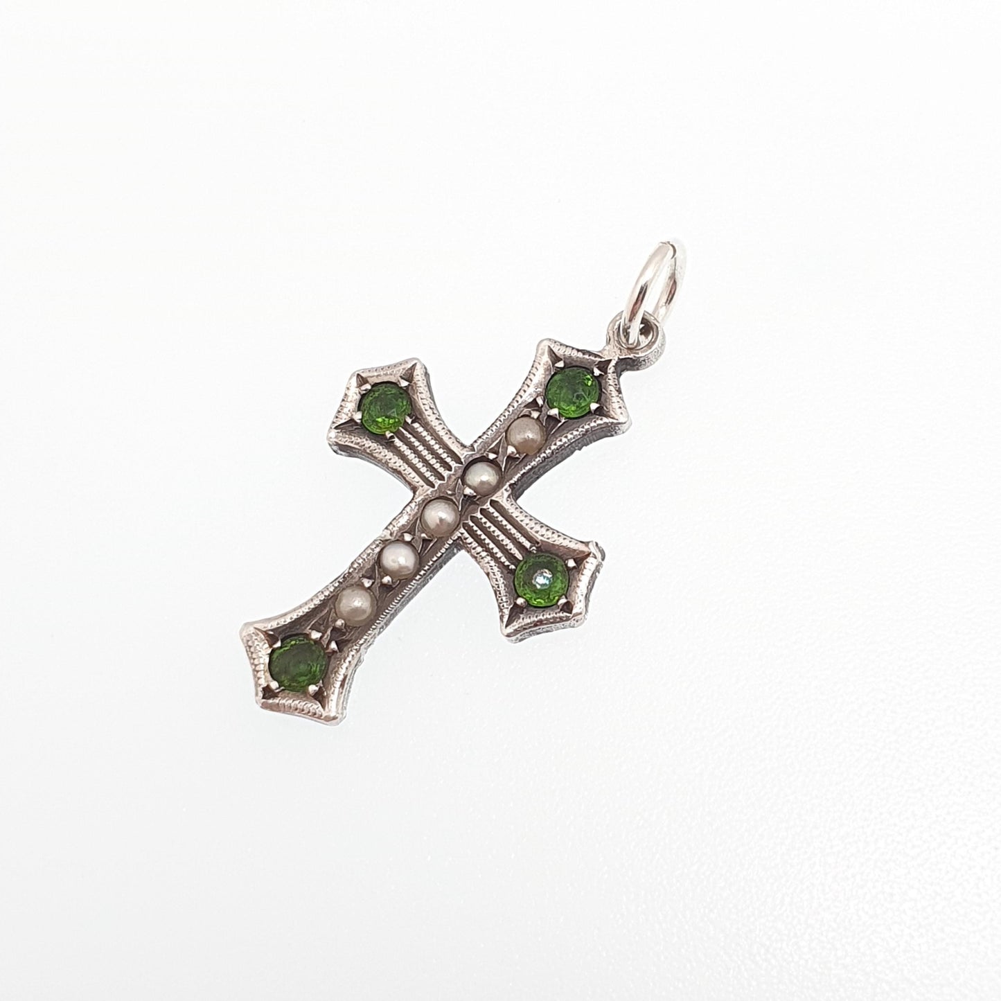 Antique Sterling Silver Peridot Paste Seed Pearl Crucifix Pendant Cross Necklace Olivine Green Pastes Vintage Jewellery Jewelry