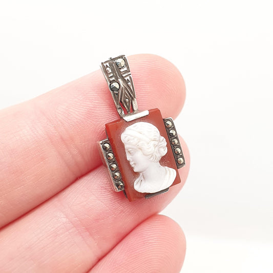 Antique Solid Silver Hardstone Cameo Pendant Necklace French Carved Agate Gemstone Marcasite Vintage Jewelry Jewellery