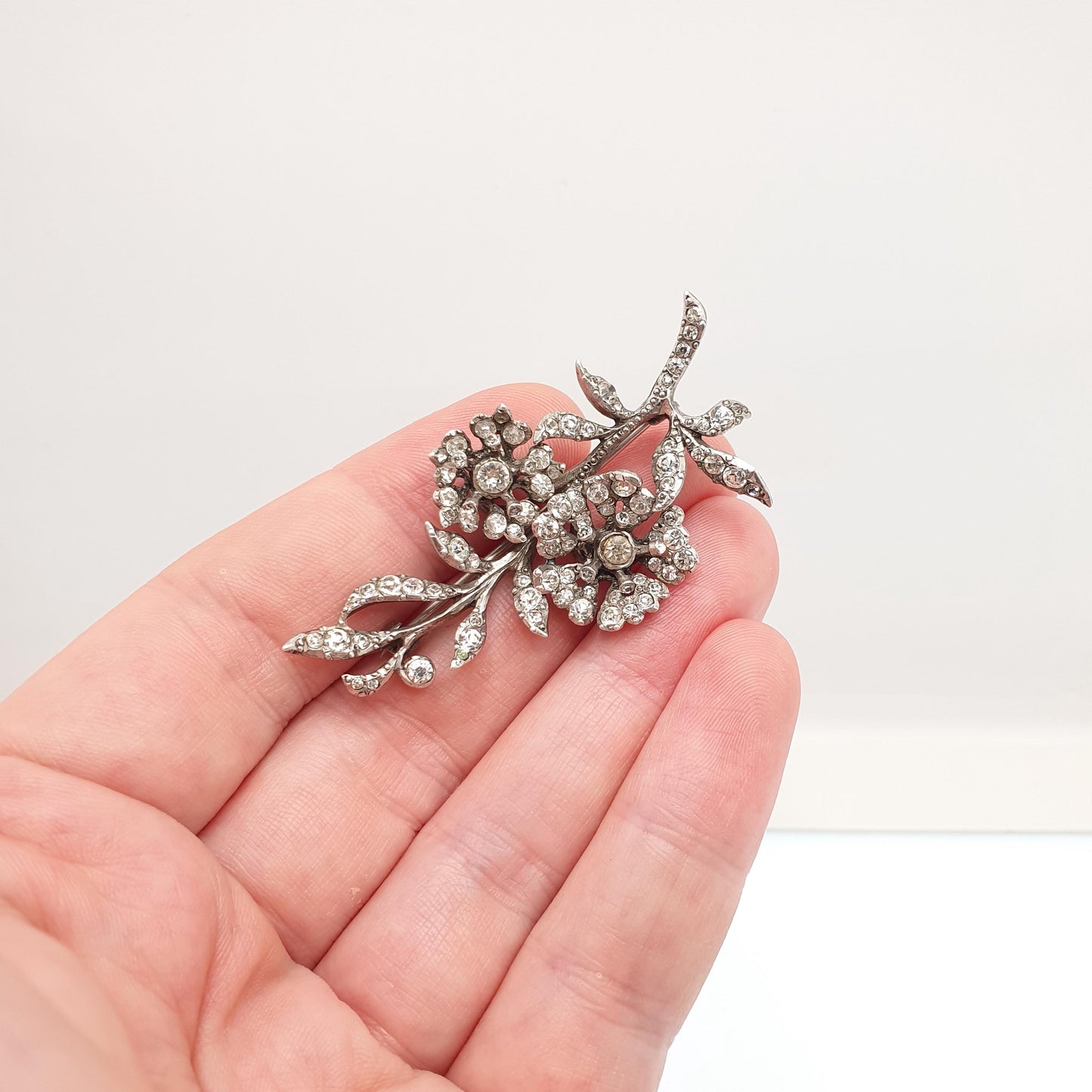 Antique Sterling Silver Diamond Paste Brooch Genuine Art Deco Floral Spray Large Big Flower 1920s Sparkly Vintage Jewelry Jewellery