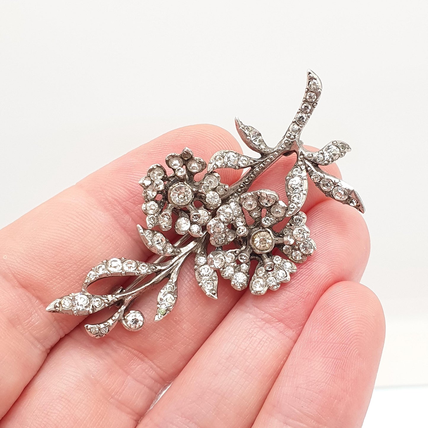 Antique Sterling Silver Diamond Paste Brooch Genuine Art Deco Floral Spray Large Big Flower 1920s Sparkly Vintage Jewelry Jewellery