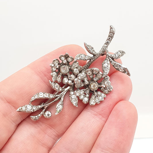 Antique Sterling Silver Diamond Paste Brooch Genuine Art Deco Floral Spray Large Big Flower 1920s Sparkly Vintage Jewelry Jewellery