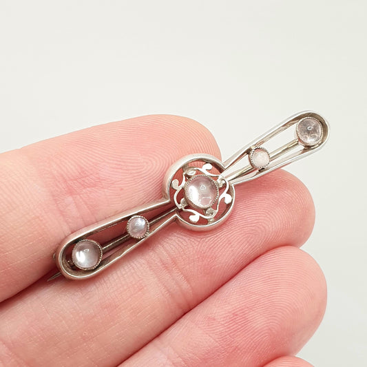 Antique Moonstone Solid Silver Brooch Propellor Edwardian Round Cabochon Cut Vintage Real Gemstone Adularescence Jewelry Jewellery