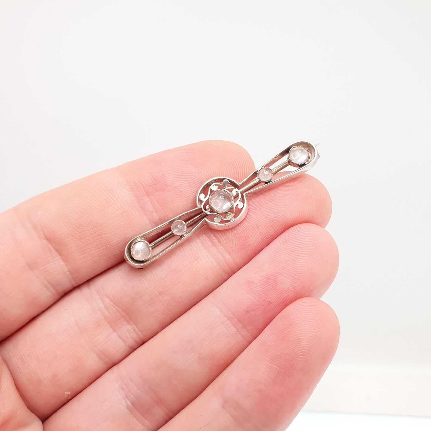 Antique Moonstone Solid Silver Brooch Propellor Edwardian Round Cabochon Cut Vintage Real Gemstone Adularescence Jewelry Jewellery