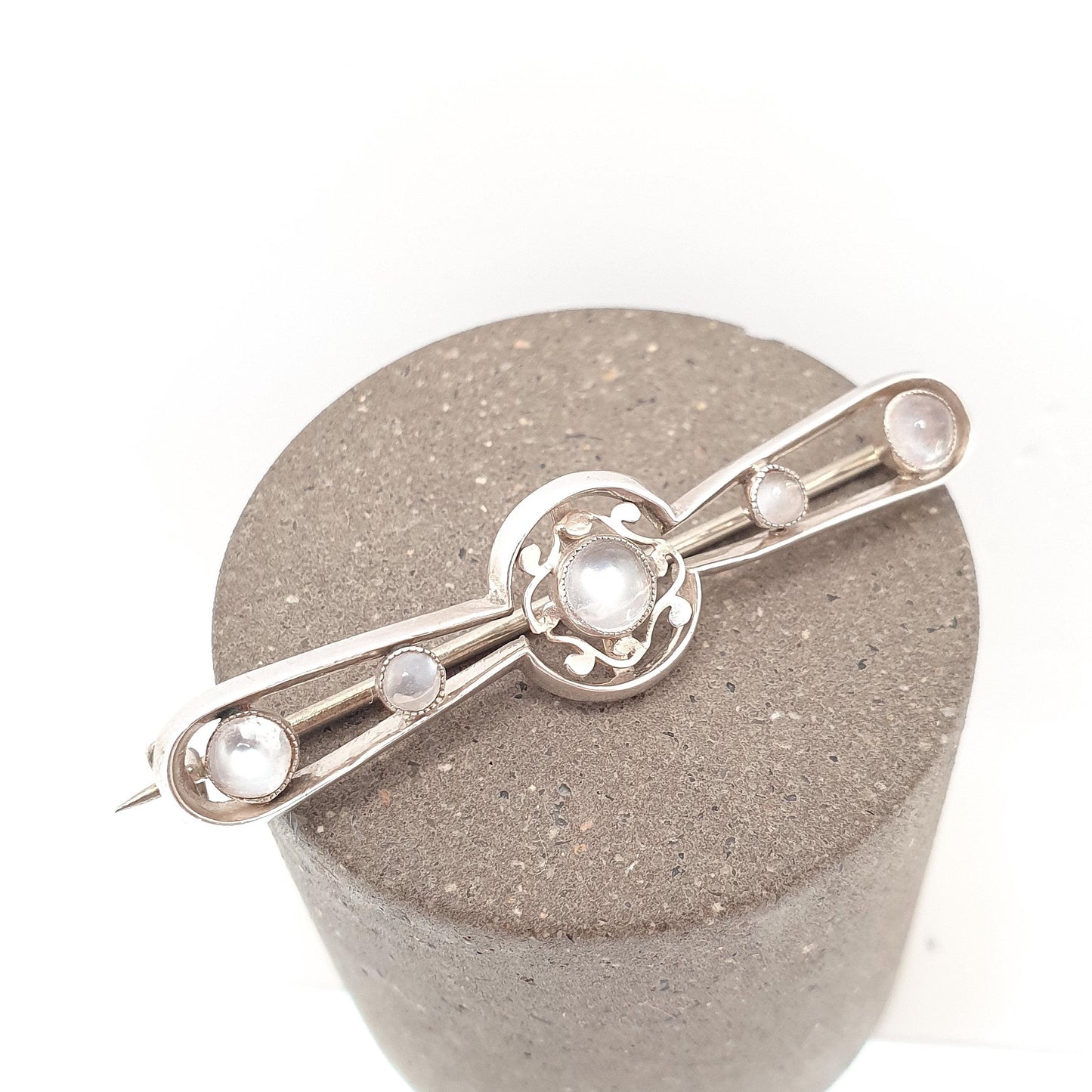 Antique Moonstone Solid Silver Brooch Propellor Edwardian Round Cabochon Cut Vintage Real Gemstone Adularescence Jewelry Jewellery