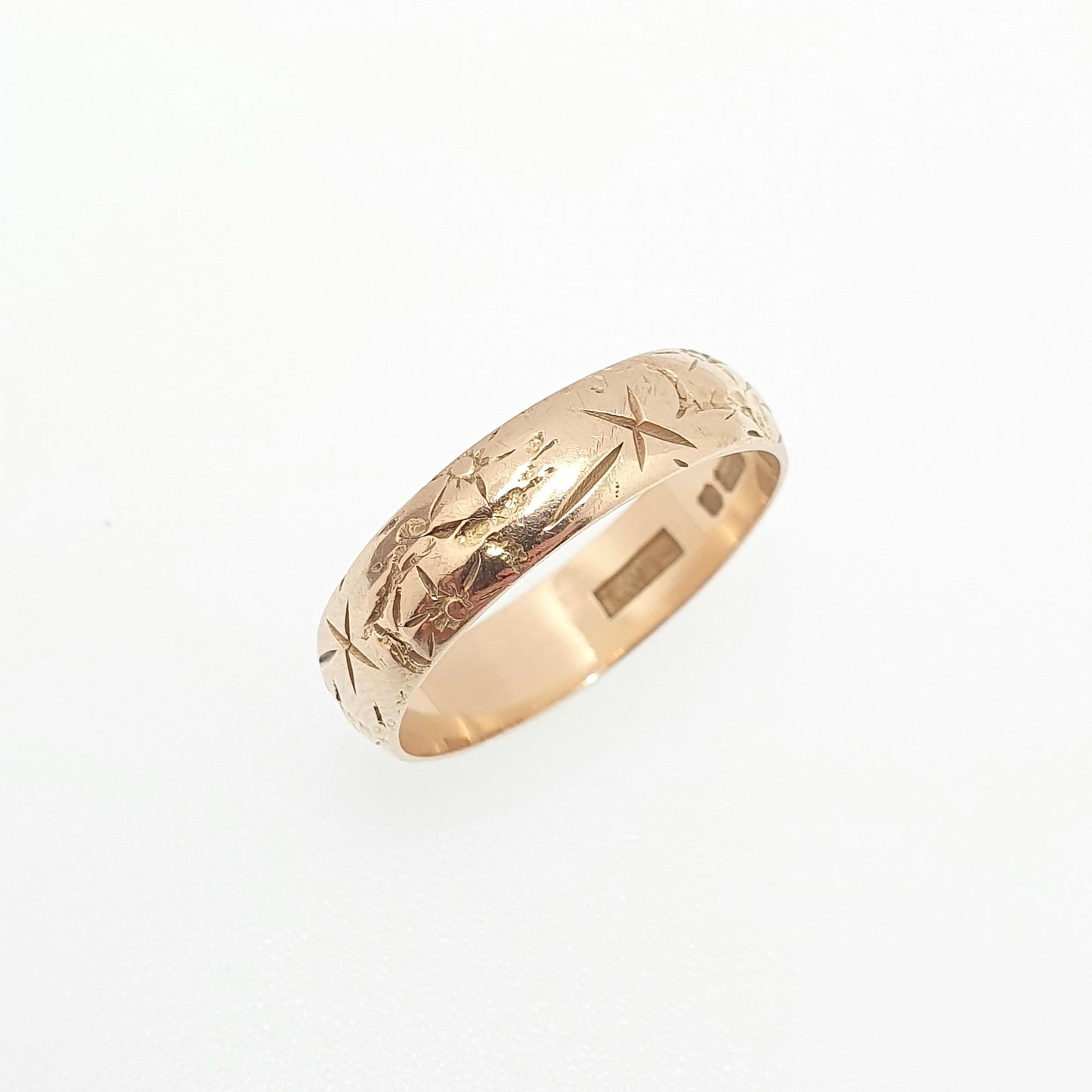 Vintage 9ct 9k Gold Band Ring Star and Sun Style Pattern Wide Stacking Stacker 1971 Hallmarked Solid 375 Womens Jewelry Jewellery