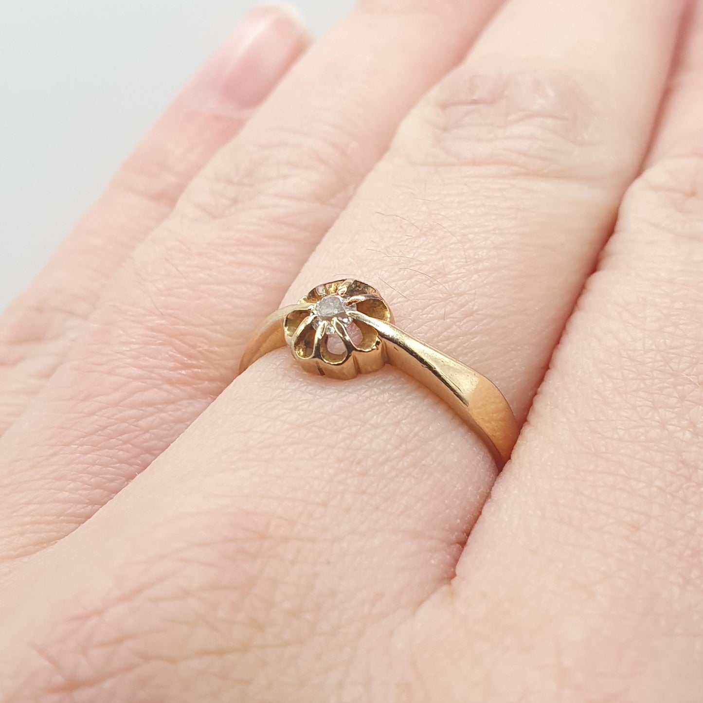 Antique 18k 18ct Gold Diamond Gypsy Ring Solitaire Natural Old Cut 1910 Hallmark Solid 750 Engagement Wedding Vintage