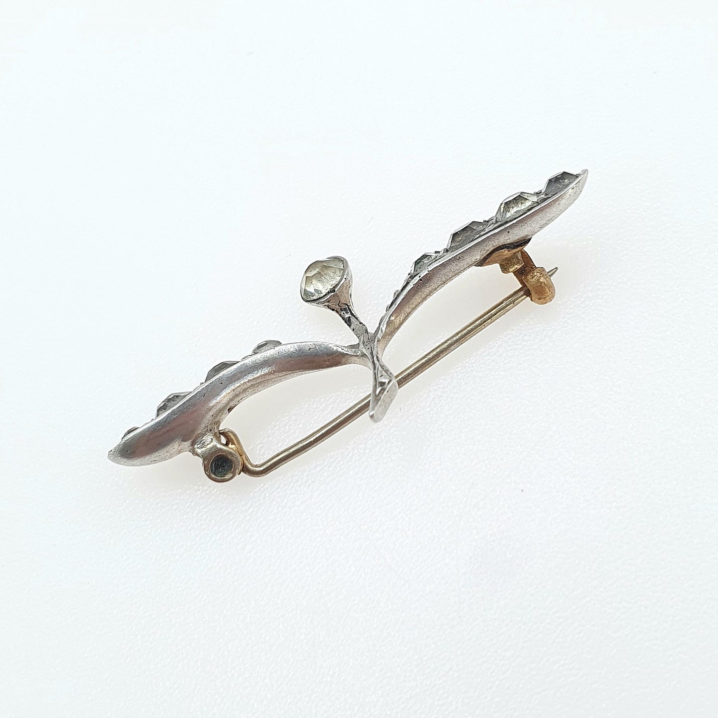 Antique Victorian Sterling Silver Diamond Paste Brooch Flower Leaf Style Art Nouveau Womens Jewelry Jewellery Vintage