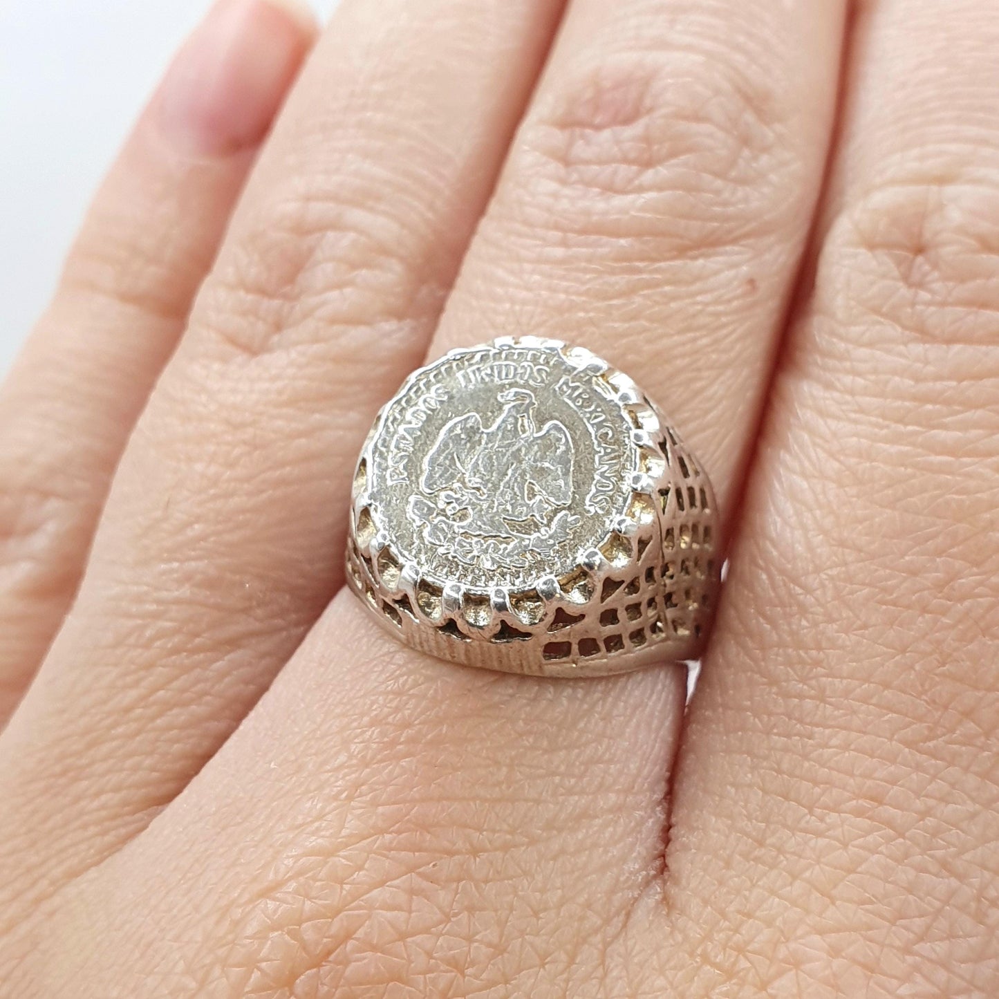 Vintage Solid Silver Estados Unidos Mexicanos Coin Signet Ring Chunky Large Big Retro Womens Jewelry Jewellery UK N.5 US 7