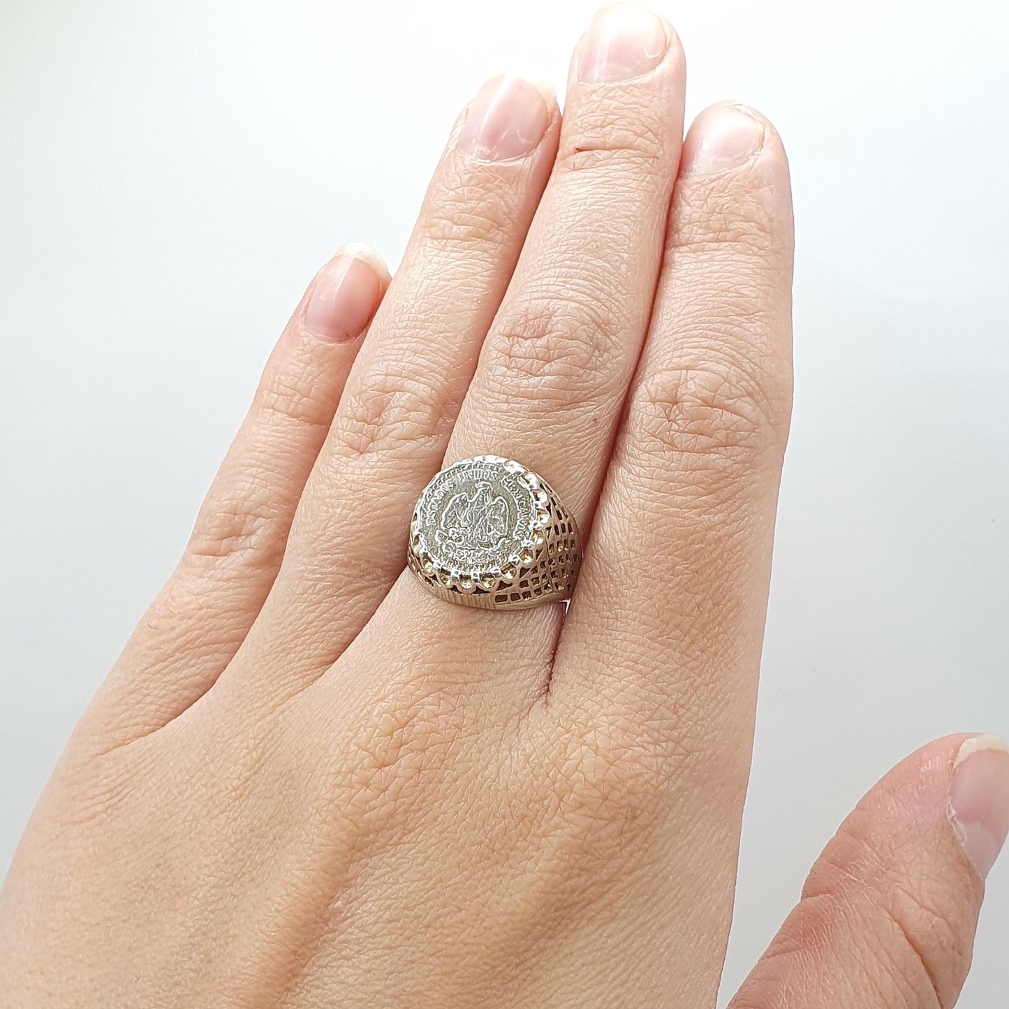 Vintage Solid Silver Estados Unidos Mexicanos Coin Signet Ring Chunky Large Big Retro Womens Jewelry Jewellery UK N.5 US 7