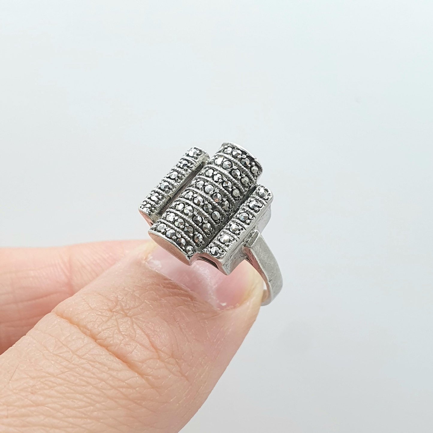 Antique Art Deco Solid Silver Marcasite Ring Geometric Cocktail Flapper Jewelry Jewellery Womens Mens UK O US 7.25