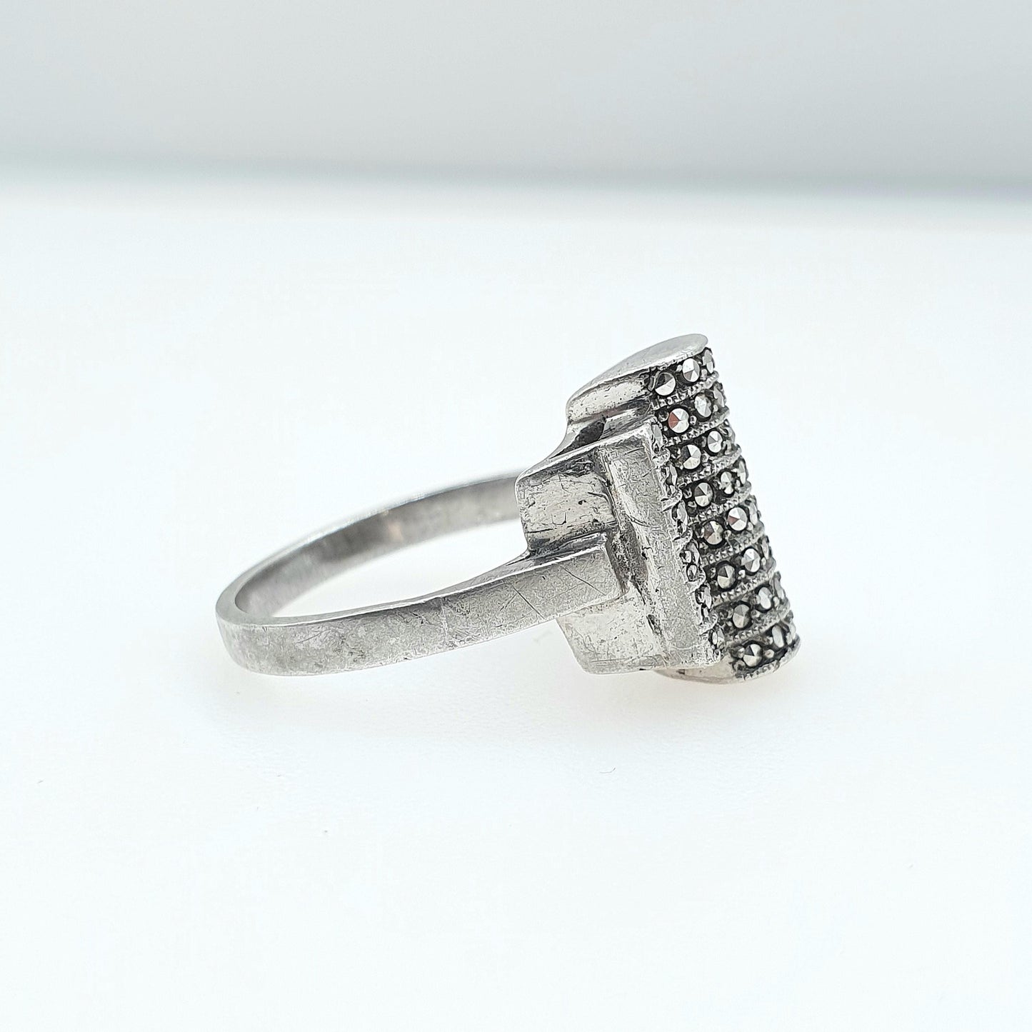 Antique Art Deco Solid Silver Marcasite Ring Geometric Cocktail Flapper Jewelry Jewellery Womens Mens UK O US 7.25