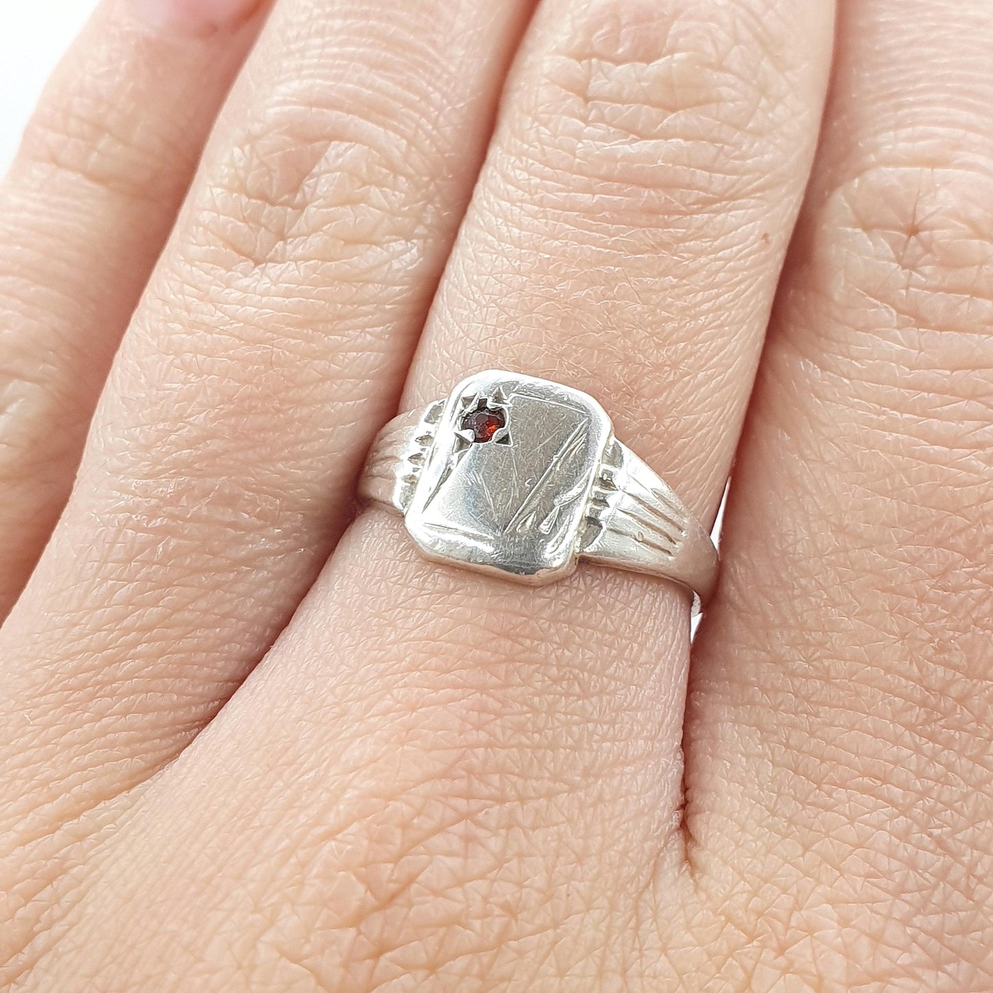 Vintage Sterling Silver Garnet Signet Ring Rectangular Art Deco Style Red Gemstone Mens Womens Chunky Jewelry Jewellery UK N US 6.75