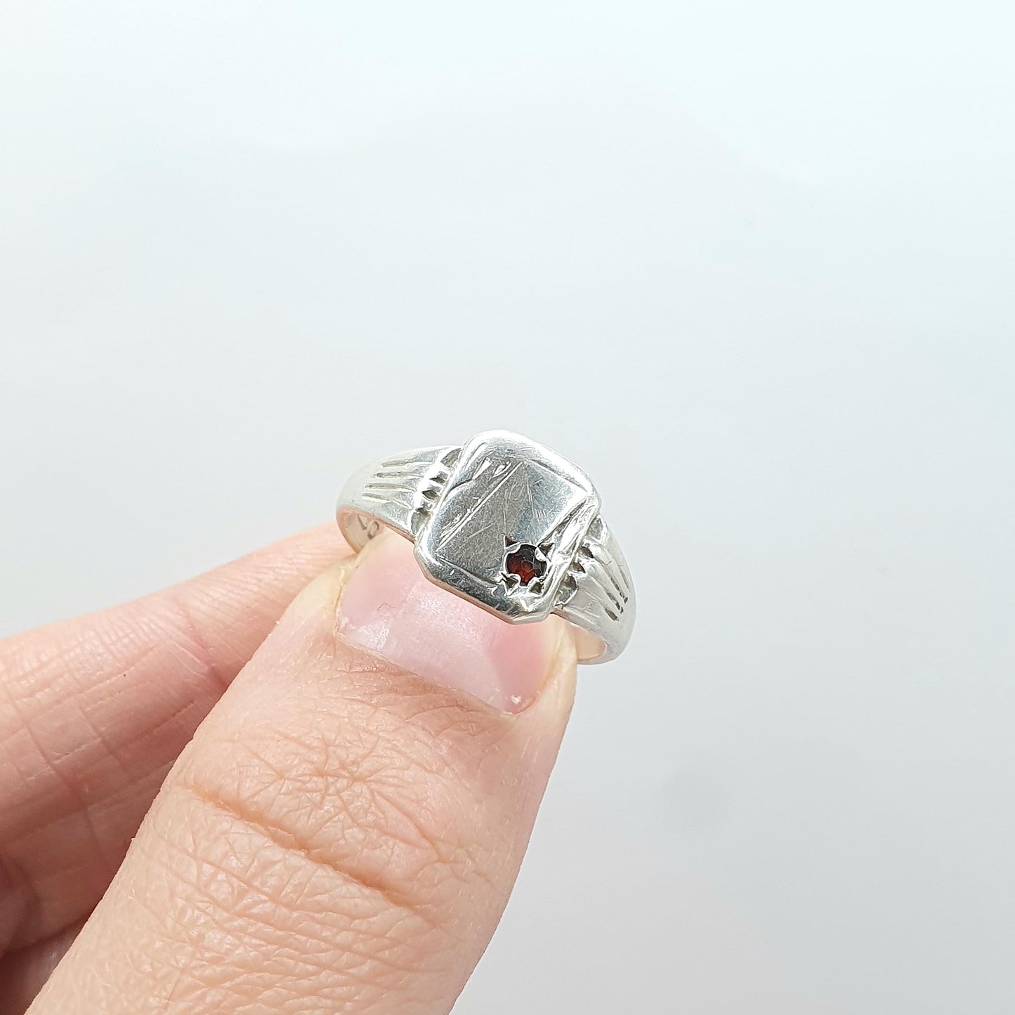 Vintage Sterling Silver Garnet Signet Ring Rectangular Art Deco Style Red Gemstone Mens Womens Chunky Jewelry Jewellery UK N US 6.75
