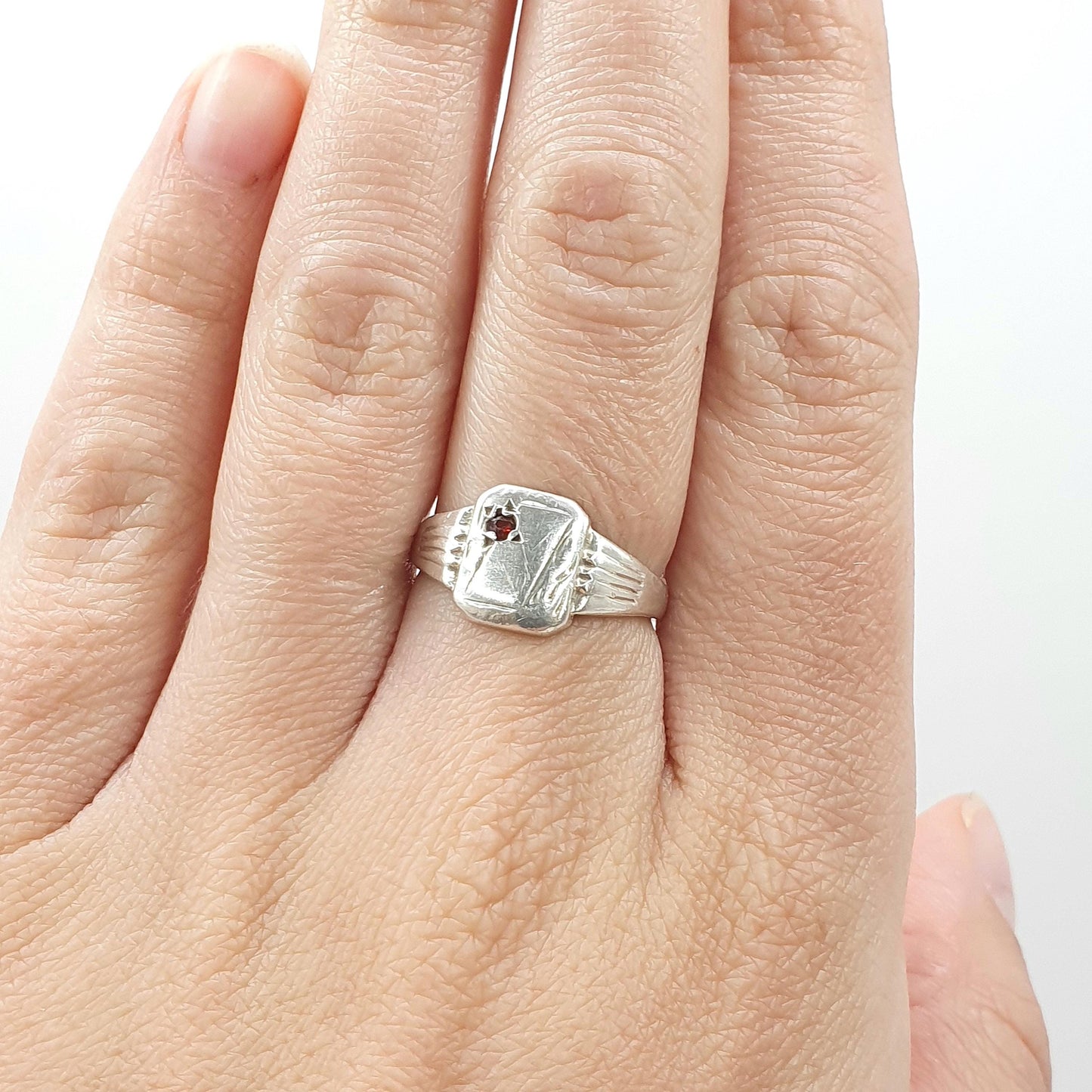 Vintage Sterling Silver Garnet Signet Ring Rectangular Art Deco Style Red Gemstone Mens Womens Chunky Jewelry Jewellery UK N US 6.75
