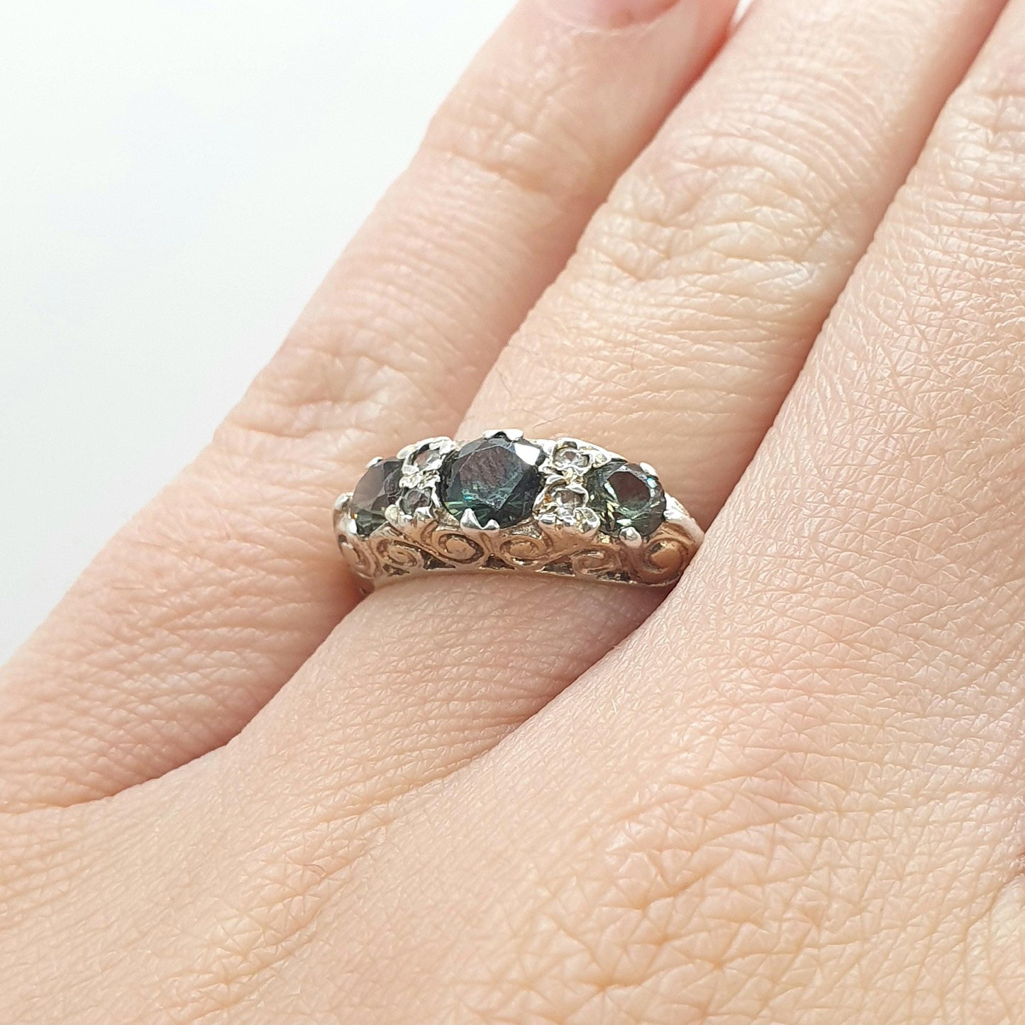 Vintage Sterling Silver Green Spinel & White Quartz Ring Gypsy Style Sparkly Retro Womens Girls Jewellry Jewelry UK L US 5.75