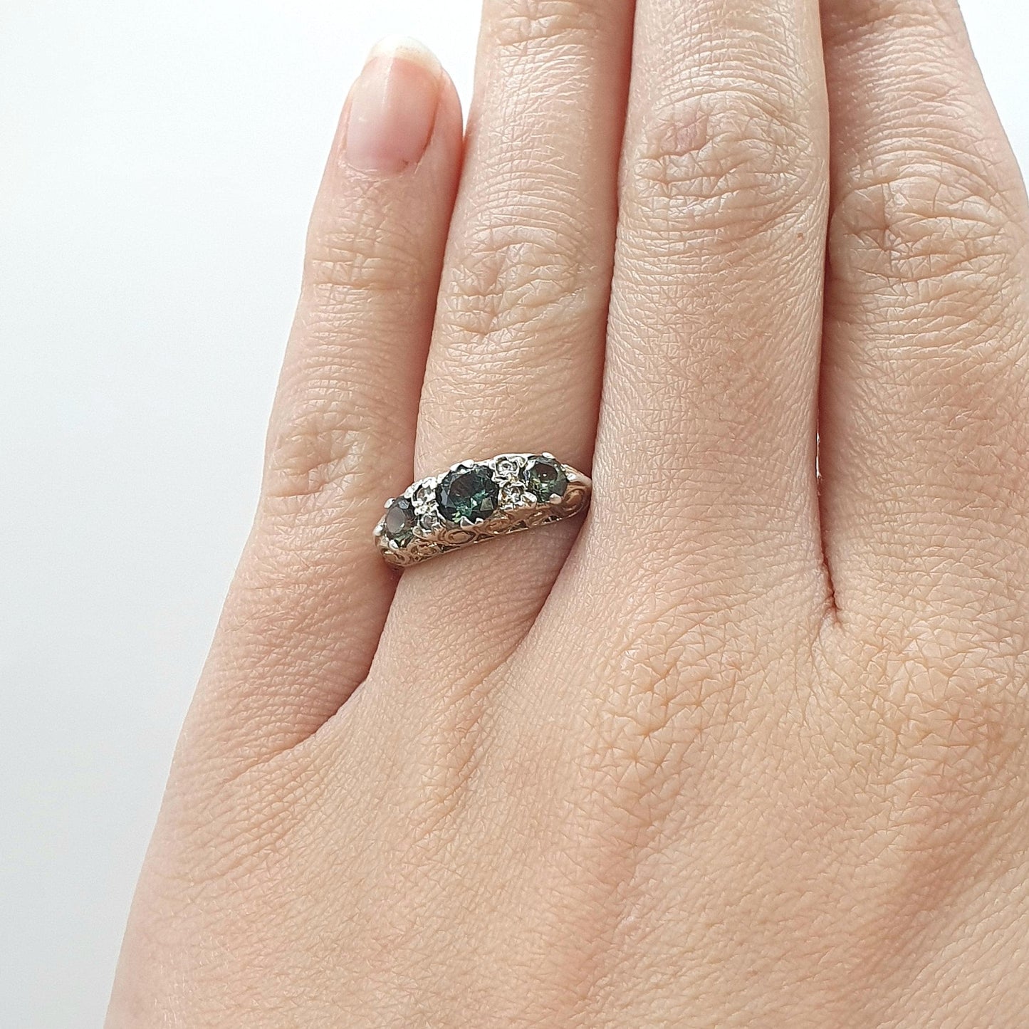 Vintage Sterling Silver Green Spinel & White Quartz Ring Gypsy Style Sparkly Retro Womens Girls Jewellry Jewelry UK L US 5.75
