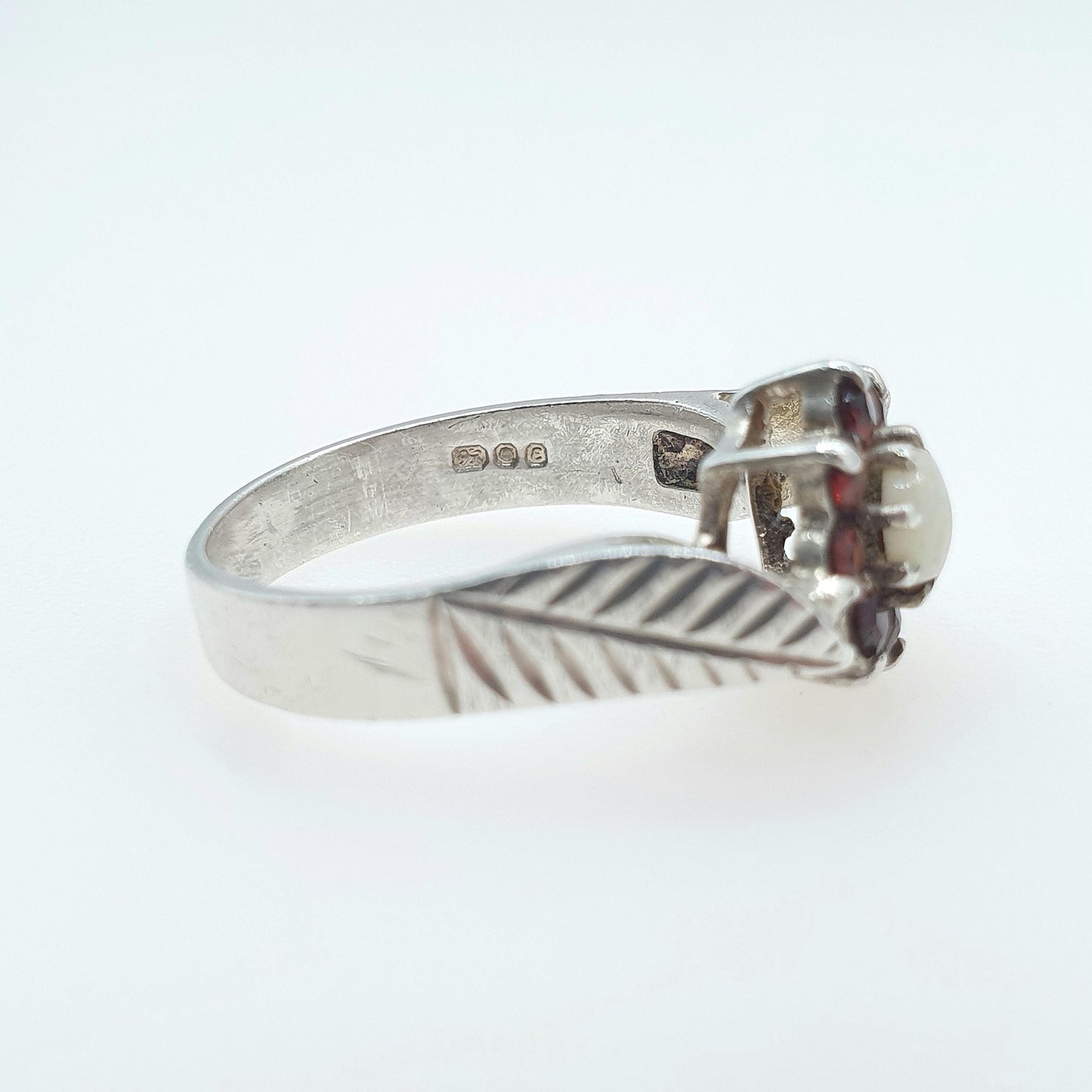 Vintage Sterling Silver Opal Garnet Ring Cluster Halo Leaf Shoulders Genuine Gemstones Womens Jewelry Jewellery UK M.5 US 6.5