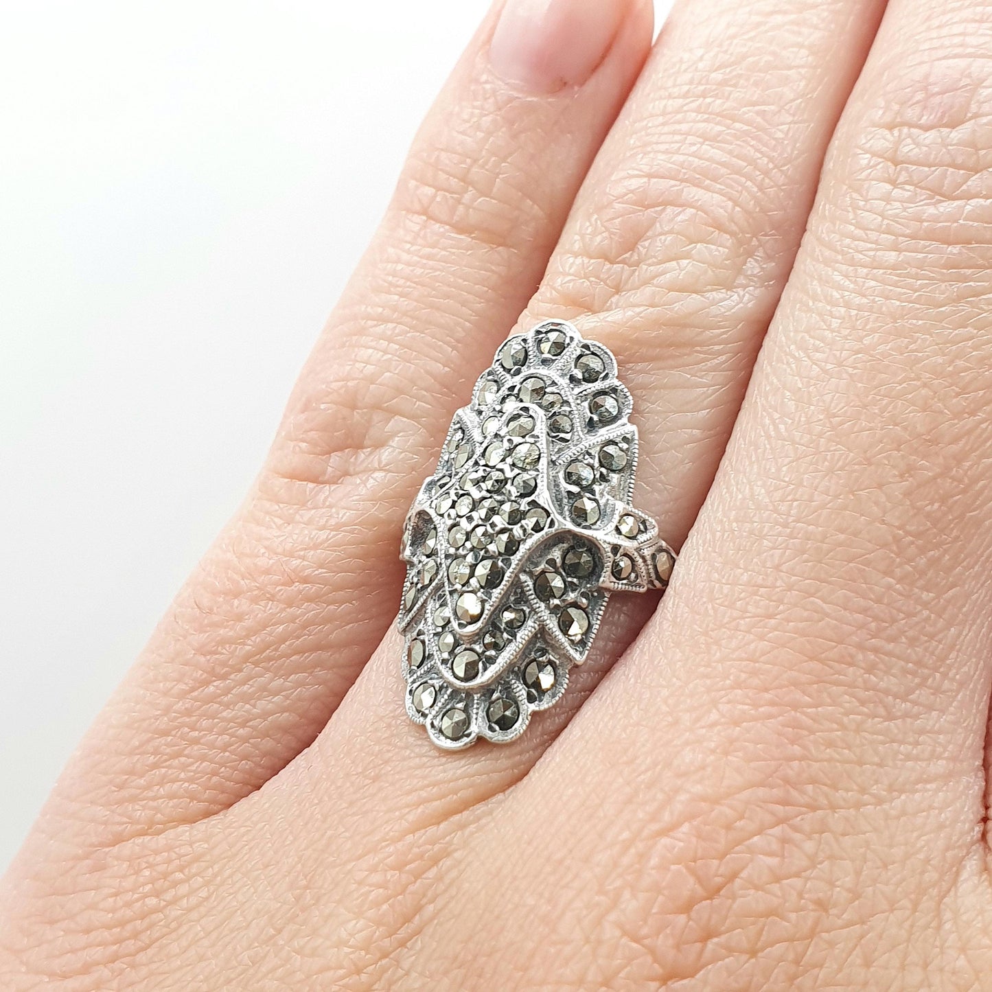 Antique Art Deco Solid Silver Marcasite Boat Ring Flapper Cocktail Large Geometric Sparkly Ladies Womens Jewelry Jewellery UK K US 5.25