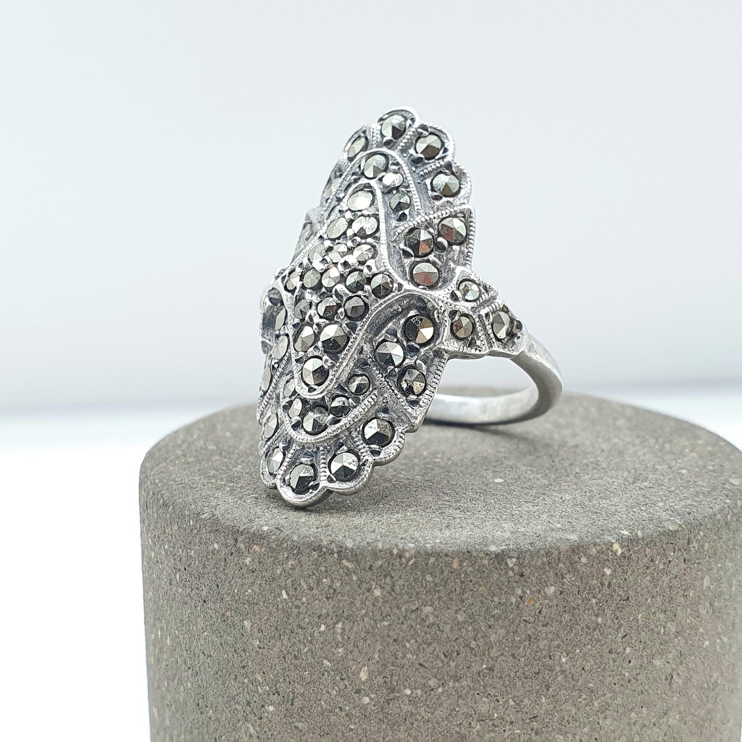 Antique Art Deco Solid Silver Marcasite Boat Ring Flapper Cocktail Large Geometric Sparkly Ladies Womens Jewelry Jewellery UK K US 5.25