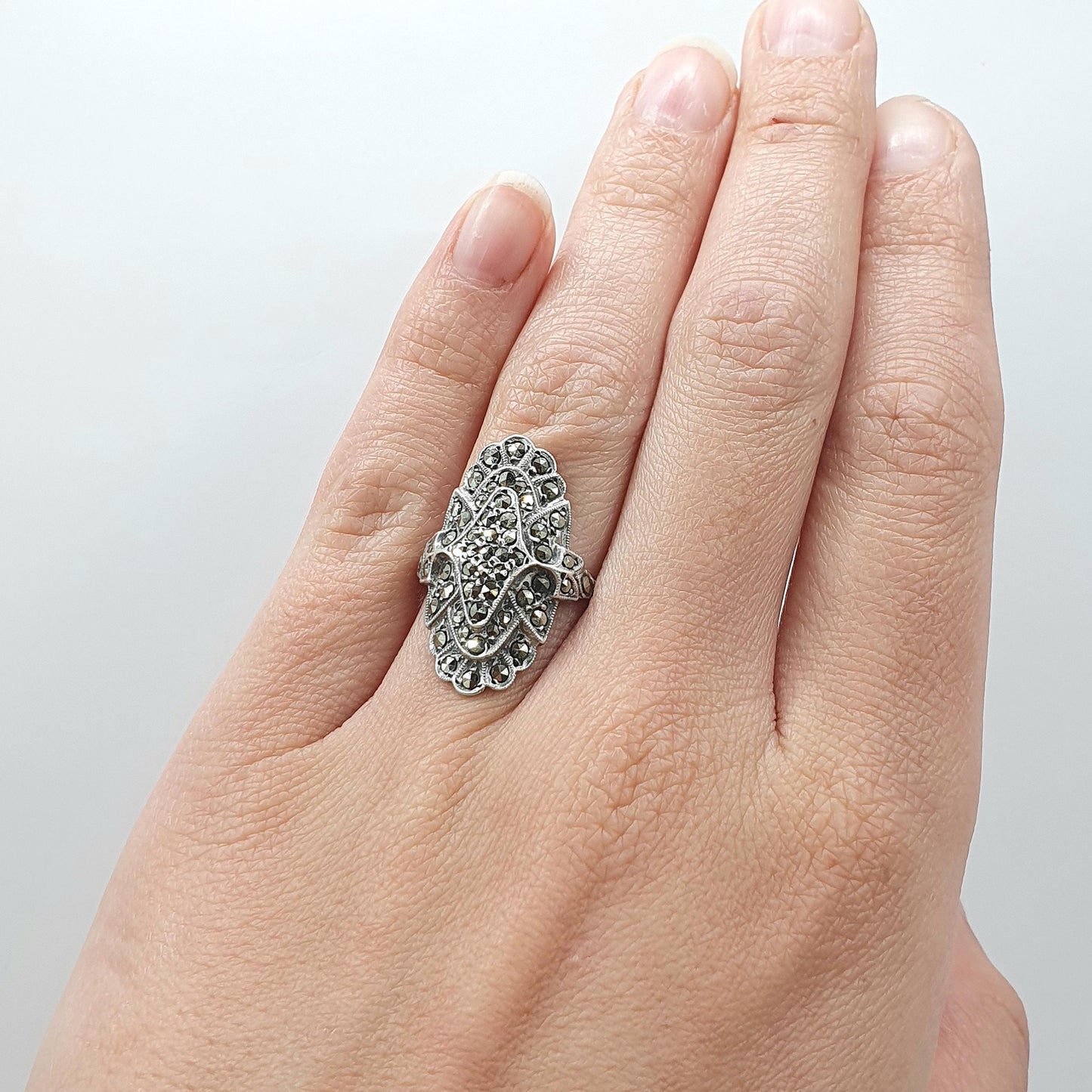 Antique Art Deco Solid Silver Marcasite Boat Ring Flapper Cocktail Large Geometric Sparkly Ladies Womens Jewelry Jewellery UK K US 5.25