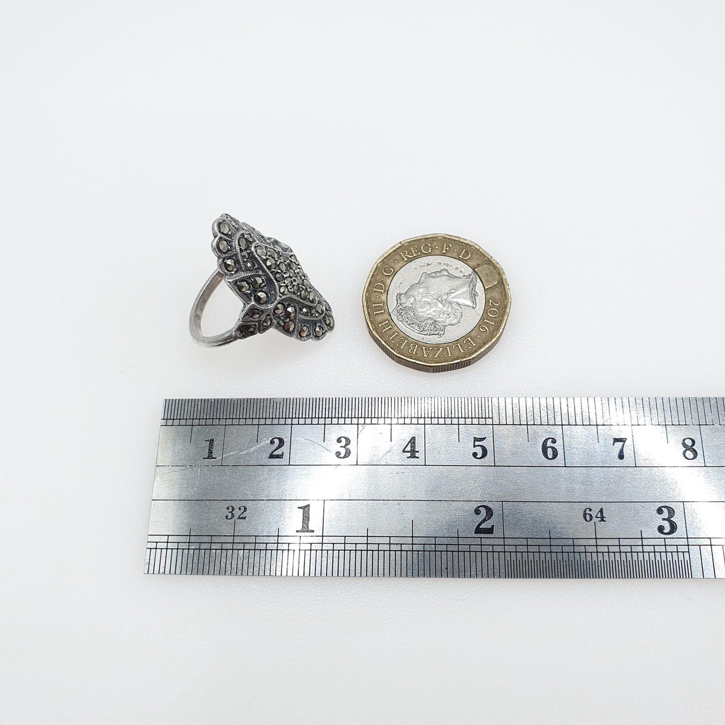 Antique Art Deco Solid Silver Marcasite Boat Ring Flapper Cocktail Large Geometric Sparkly Ladies Womens Jewelry Jewellery UK K US 5.25